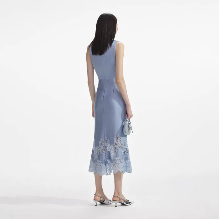 Blue Satin Lace Insert Midi Dress Women Self Portrait Dresses