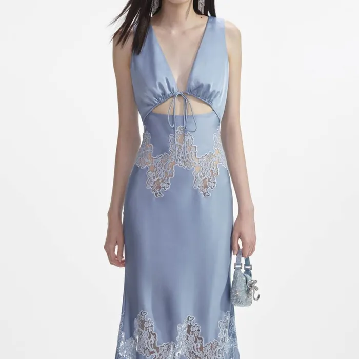 Blue Satin Lace Insert Midi Dress Women Self Portrait Dresses