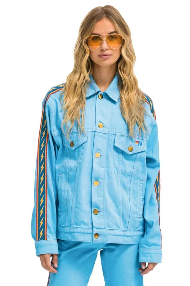 Bolt Stripe Oversized Concert Denim Jacket 8211 Sky WomenMen Aviator Nation Denim