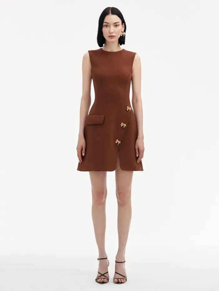 Bow Button Split Skirt Dress Cocoa Women Oscar De La Renta Dresses Bow Button Split Skirt Dress Cocoa Women Oscar De La Renta Dresses