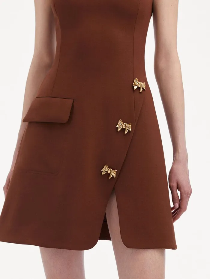 Bow Button Split Skirt Dress Cocoa Women Oscar De La Renta Dresses Bow Button Split Skirt Dress Cocoa Women Oscar De La Renta Dresses