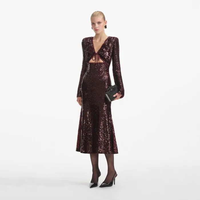 Burgundy Sequin Midi Dress Women Self Portrait Wedding Guest Burgundy Sequin Midi Dress Women Self Portrait Wedding Guest