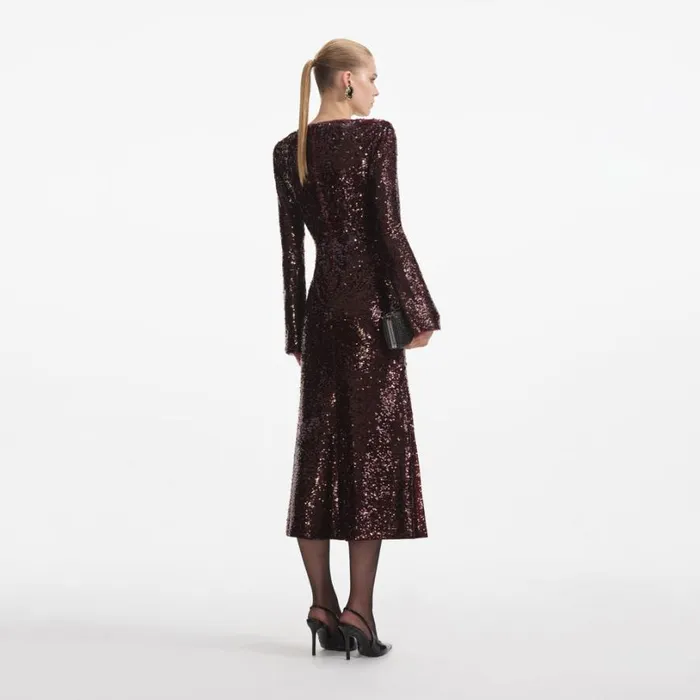 Burgundy Sequin Midi Dress Women Self Portrait Wedding Guest Burgundy Sequin Midi Dress Women Self Portrait Wedding Guest