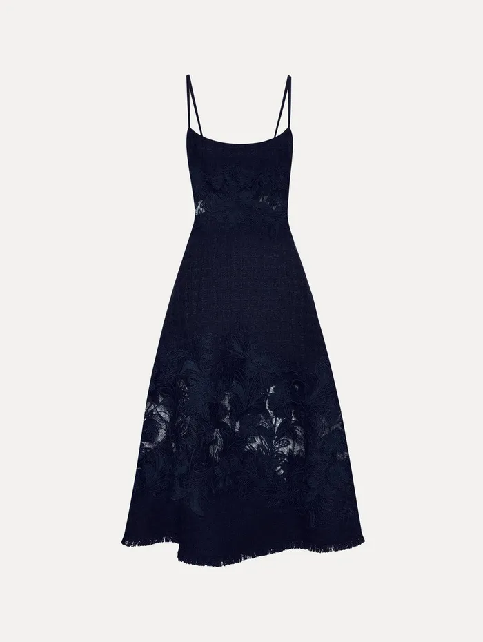 Carnation Guipure Inset Tweed Dress Navy Women Oscar De La Renta Dresses