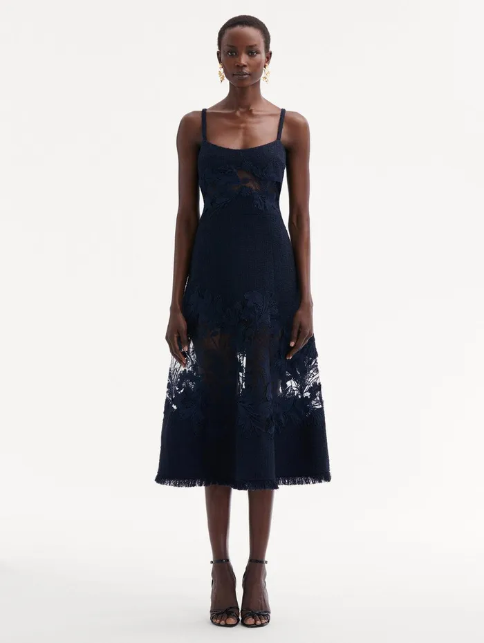 Carnation Guipure Inset Tweed Dress Navy Women Oscar De La Renta Dresses
