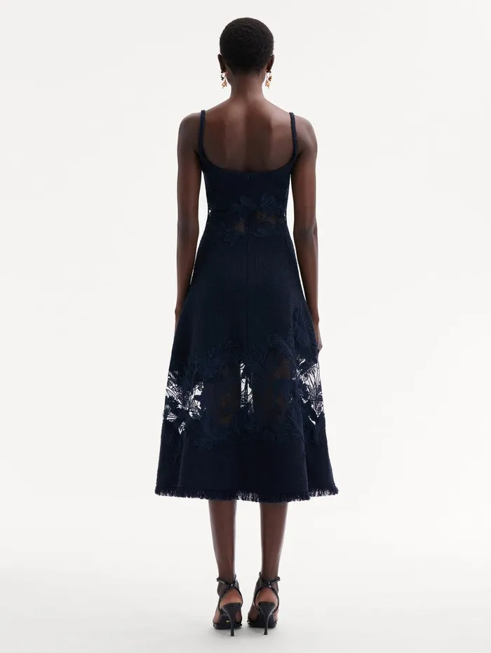 Carnation Guipure Inset Tweed Dress Navy Women Oscar De La Renta Dresses