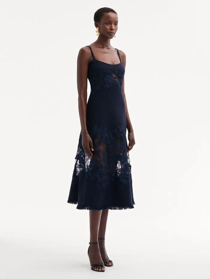 Carnation Guipure Inset Tweed Dress Navy Women Oscar De La Renta Dresses