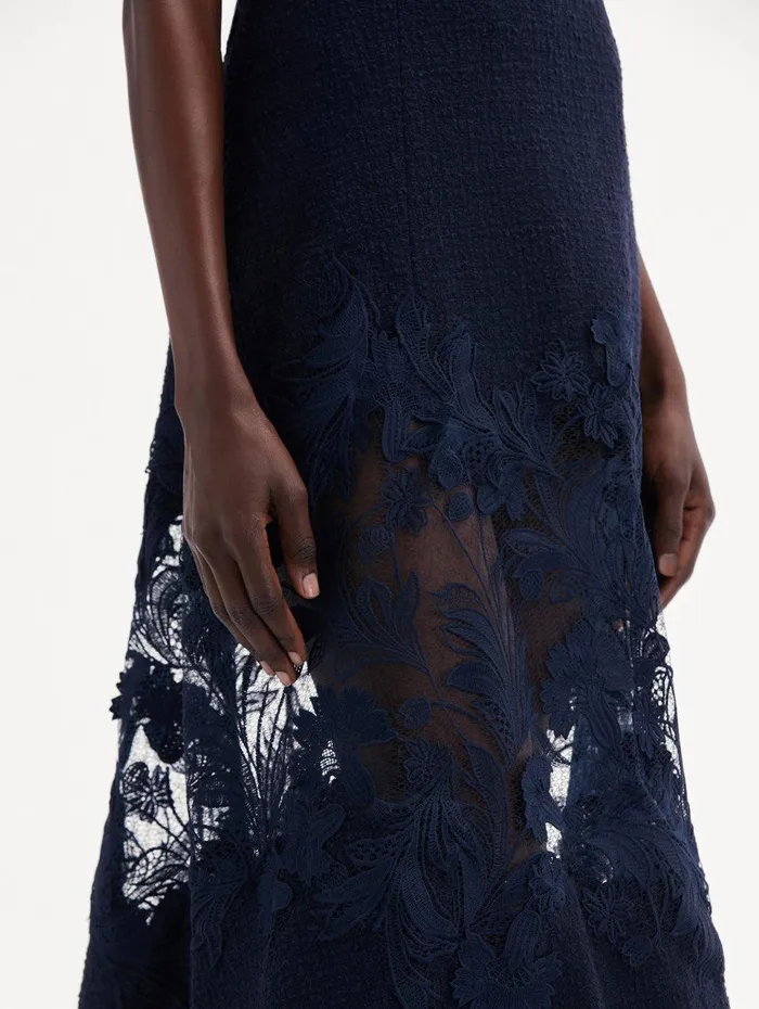 Carnation Guipure Inset Tweed Dress Navy Women Oscar De La Renta Dresses