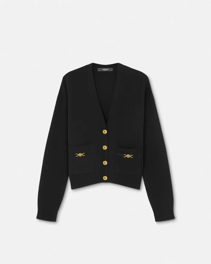 CashmereBlend Knit Boxy Cardigan Black Women Versace Knitwear