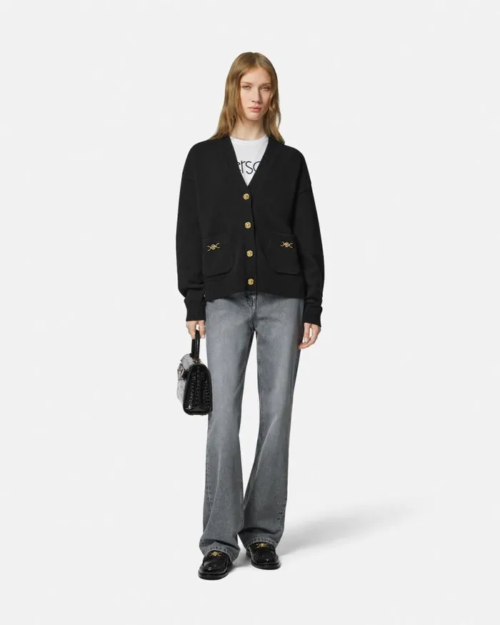 CashmereBlend Knit Boxy Cardigan Black Women Versace Knitwear