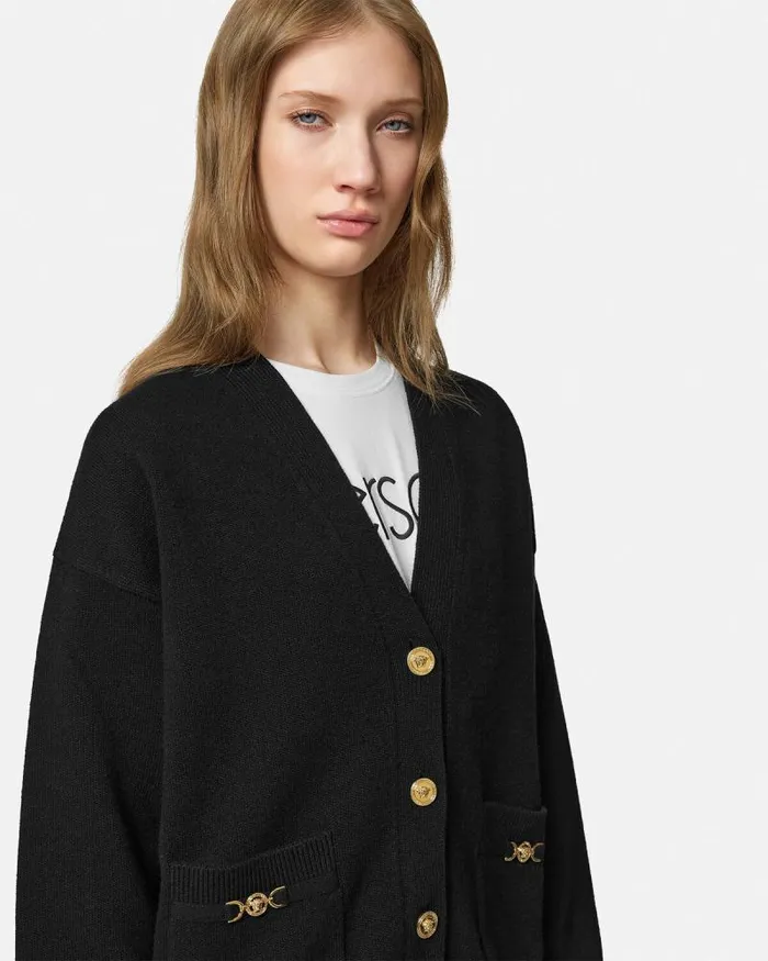 CashmereBlend Knit Boxy Cardigan Black Women Versace Knitwear