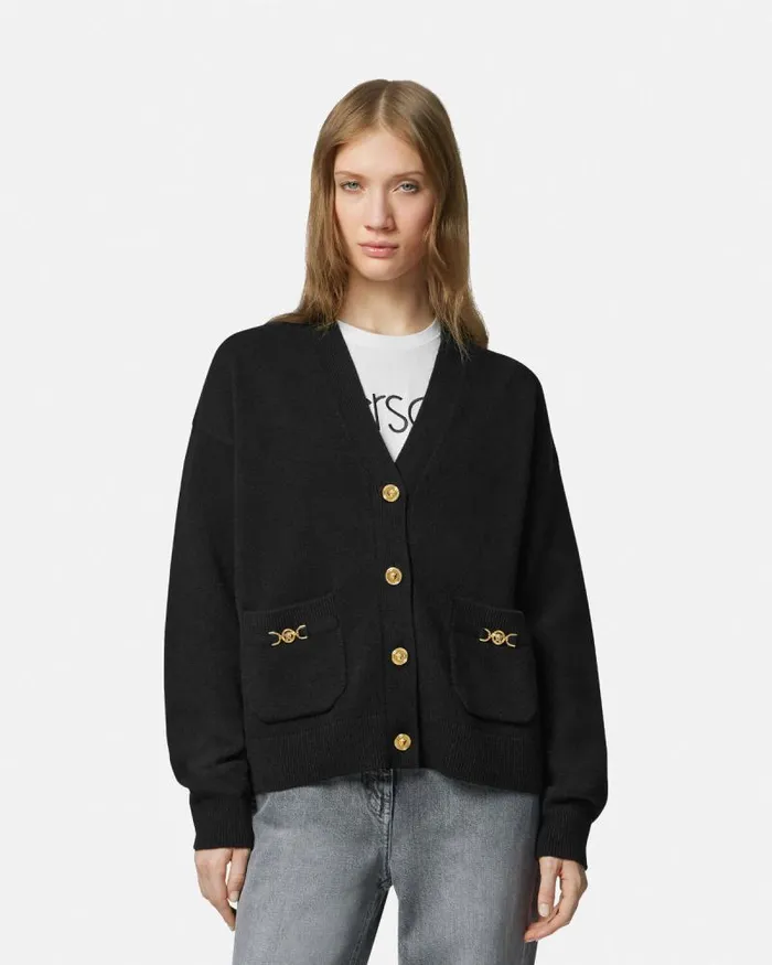 CashmereBlend Knit Boxy Cardigan Black Women Versace Knitwear