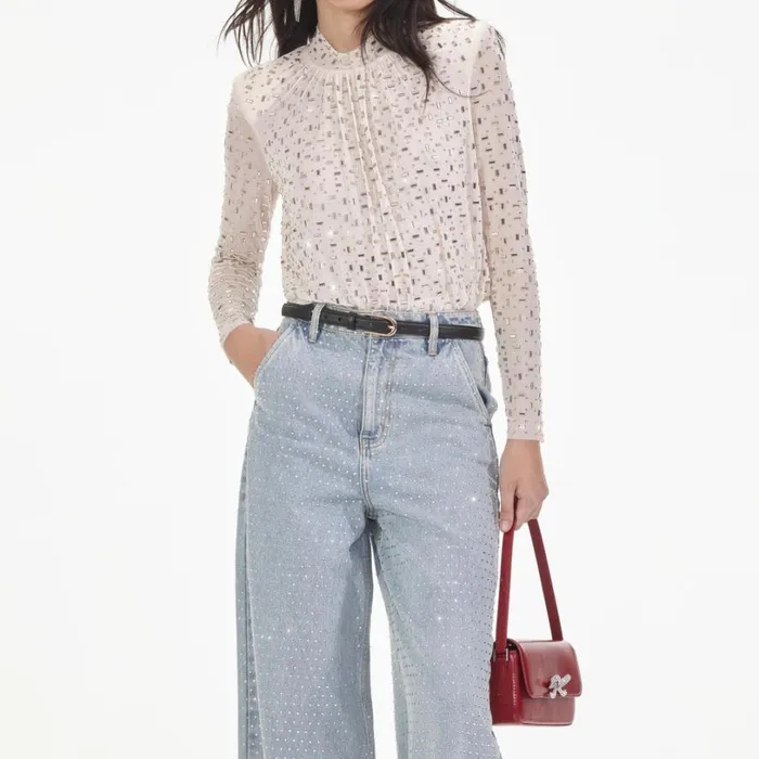Champagne Mesh Rhinestone Top Women Self Portrait Tops