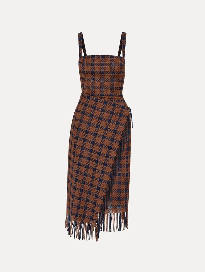 Check Fringe Guipure Dress Cognac Navy Women Oscar De La Renta Dresses