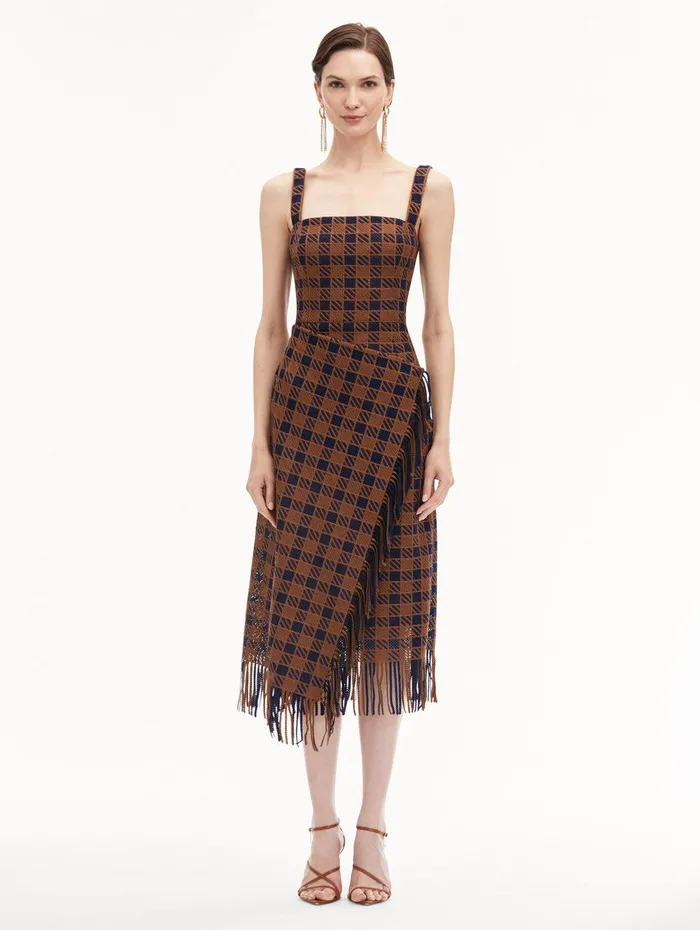 Check Fringe Guipure Dress Cognac Navy Women Oscar De La Renta Dresses Check Fringe Guipure Dress Cognac Navy Women Oscar De La Renta Dresses