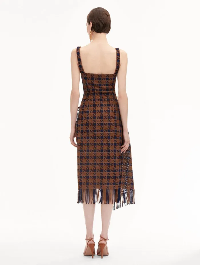 Check Fringe Guipure Dress Cognac Navy Women Oscar De La Renta Dresses Check Fringe Guipure Dress Cognac Navy Women Oscar De La Renta Dresses