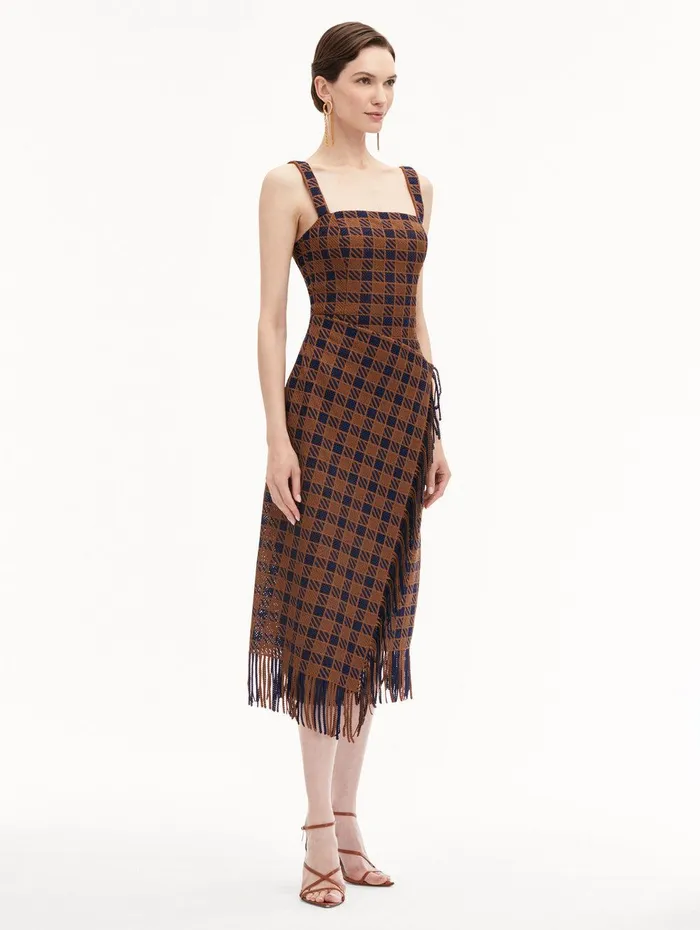 Check Fringe Guipure Dress Cognac Navy Women Oscar De La Renta Dresses Check Fringe Guipure Dress Cognac Navy Women Oscar De La Renta Dresses