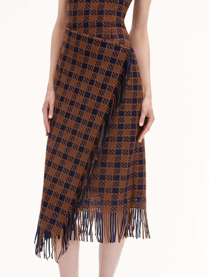 Check Fringe Guipure Dress Cognac Navy Women Oscar De La Renta Dresses Check Fringe Guipure Dress Cognac Navy Women Oscar De La Renta Dresses