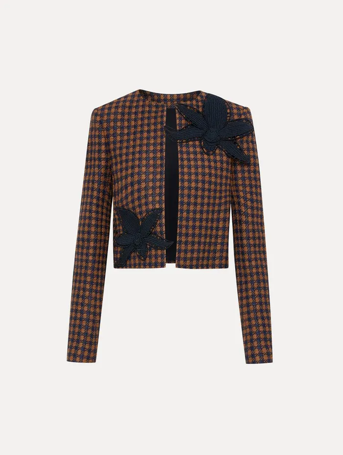 Check Tweed Orchid Embroidered Jacket Cognac Navy Women Oscar De La Renta Jackets and Coats