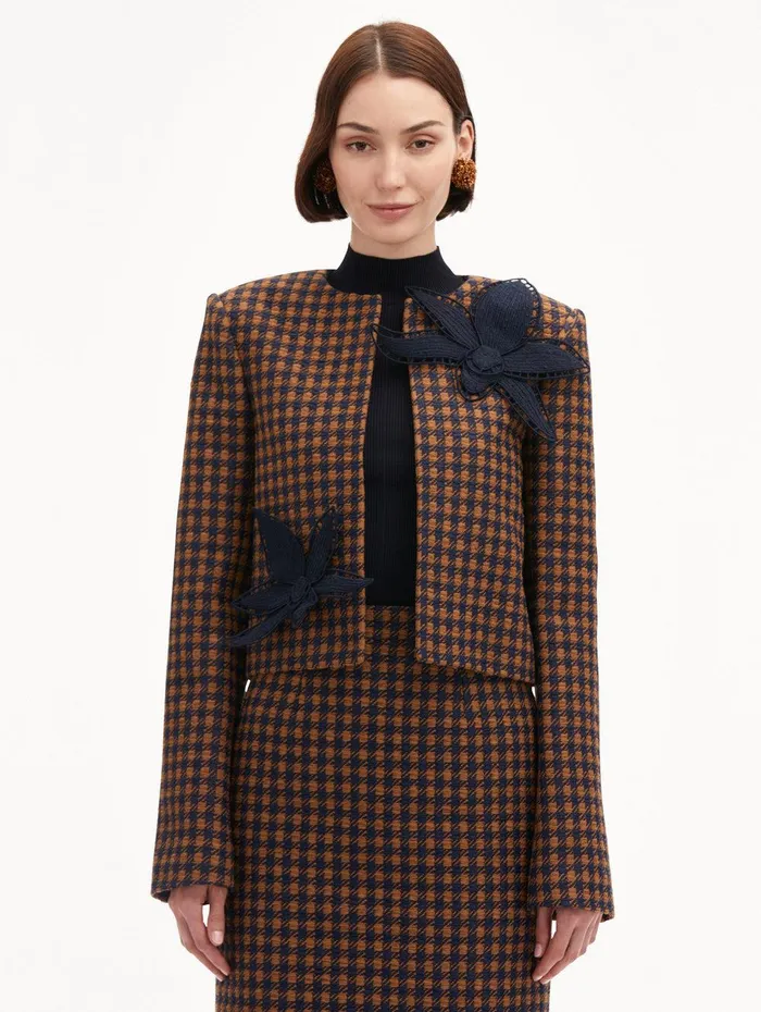 Check Tweed Orchid Embroidered Jacket Cognac Navy Women Oscar De La Renta Jackets and Coats Check Tweed Orchid Embroidered Jacket Cognac Navy Women Oscar De La Renta Jackets and Coats