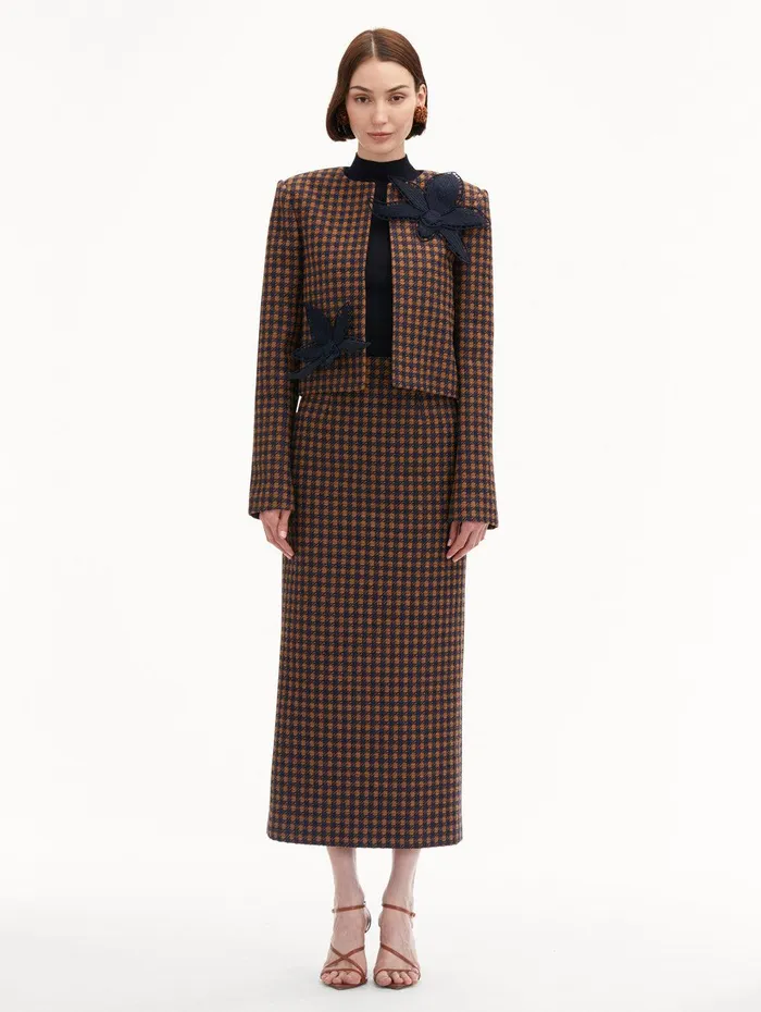 Check Tweed Orchid Embroidered Jacket Cognac Navy Women Oscar De La Renta Jackets and Coats Check Tweed Orchid Embroidered Jacket Cognac Navy Women Oscar De La Renta Jackets and Coats