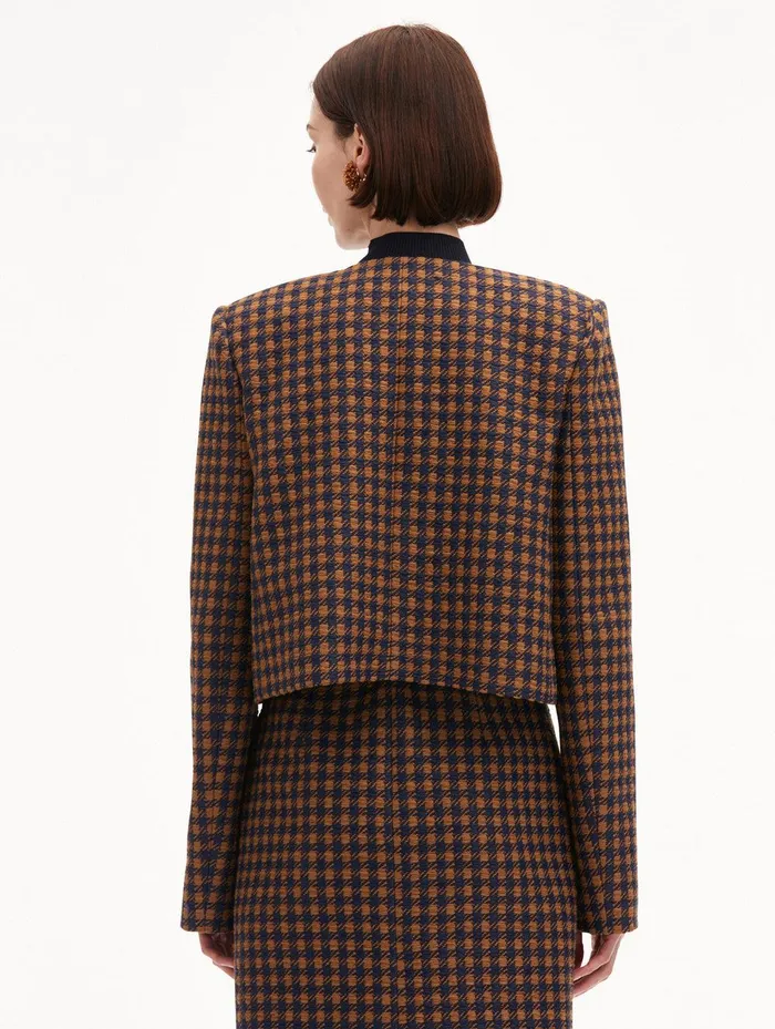 Check Tweed Orchid Embroidered Jacket Cognac Navy Women Oscar De La Renta Jackets and Coats Check Tweed Orchid Embroidered Jacket Cognac Navy Women Oscar De La Renta Jackets and Coats