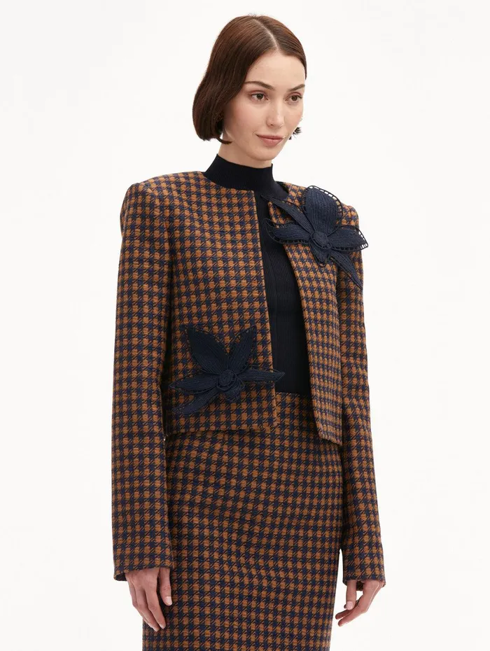 Check Tweed Orchid Embroidered Jacket Cognac Navy Women Oscar De La Renta Jackets and Coats Check Tweed Orchid Embroidered Jacket Cognac Navy Women Oscar De La Renta Jackets and Coats