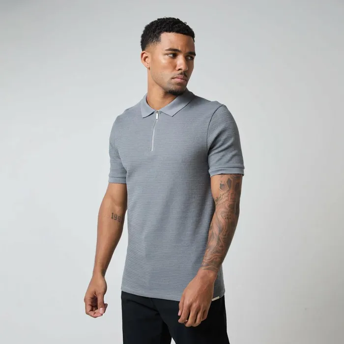 Closure London Tonal Knit Zipped Polo Grey Men Knitwear