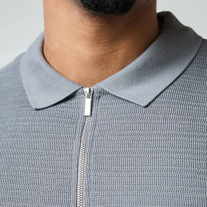 Closure London Tonal Knit Zipped Polo Grey Men Knitwear