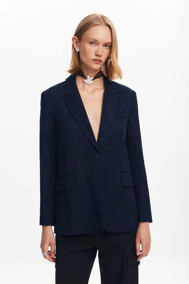 Coats And Jackets Women Desigual Embroidered Floral Blazer Blue