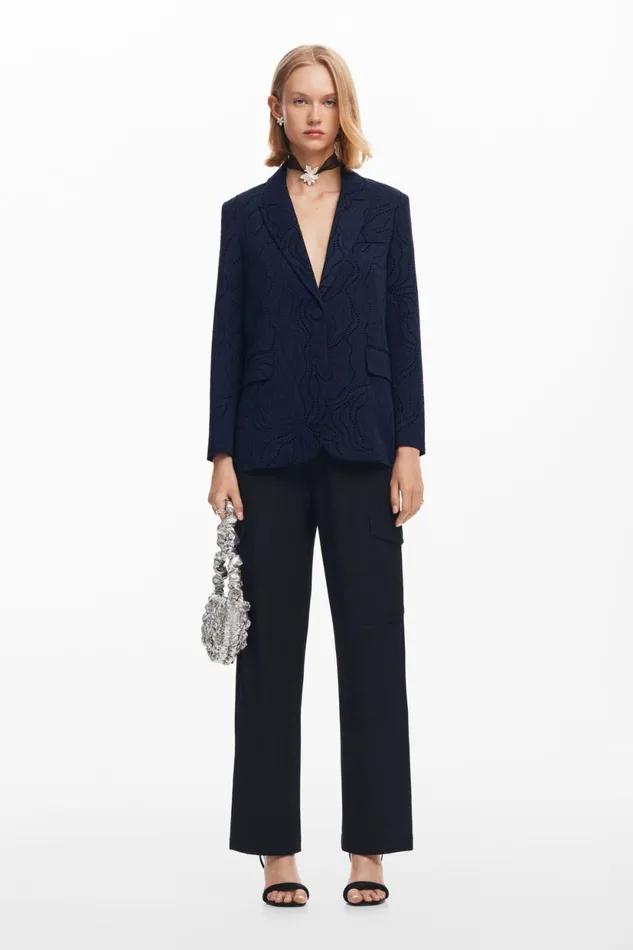 Coats And Jackets Women Desigual Embroidered Floral Blazer Blue