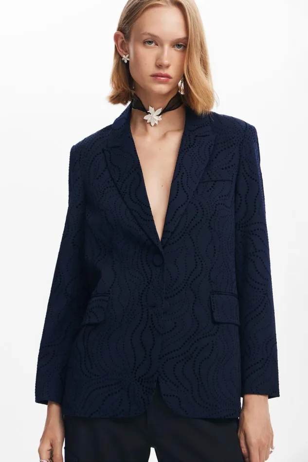 Coats And Jackets Women Desigual Embroidered Floral Blazer Blue