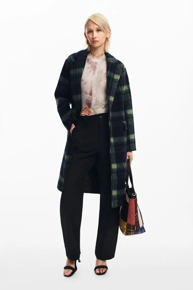Coats And Jackets Women Desigual Long Checkered Coat Blue