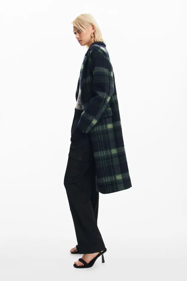 Coats And Jackets Women Desigual Long Checkered Coat Blue