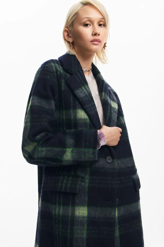 Coats And Jackets Women Desigual Long Checkered Coat Blue