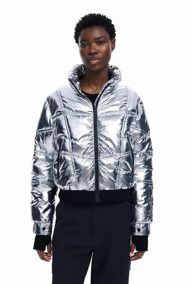 Coats And Jackets Women Desigual Metallic Coat With Hood Black