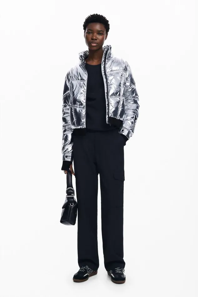 Coats And Jackets Women Desigual Metallic Coat With Hood Black
