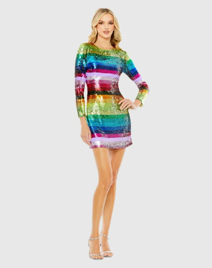 Cocktail Dresses Women Mac Duggal Long Sleeve Sequin Rainbow Dress Multi