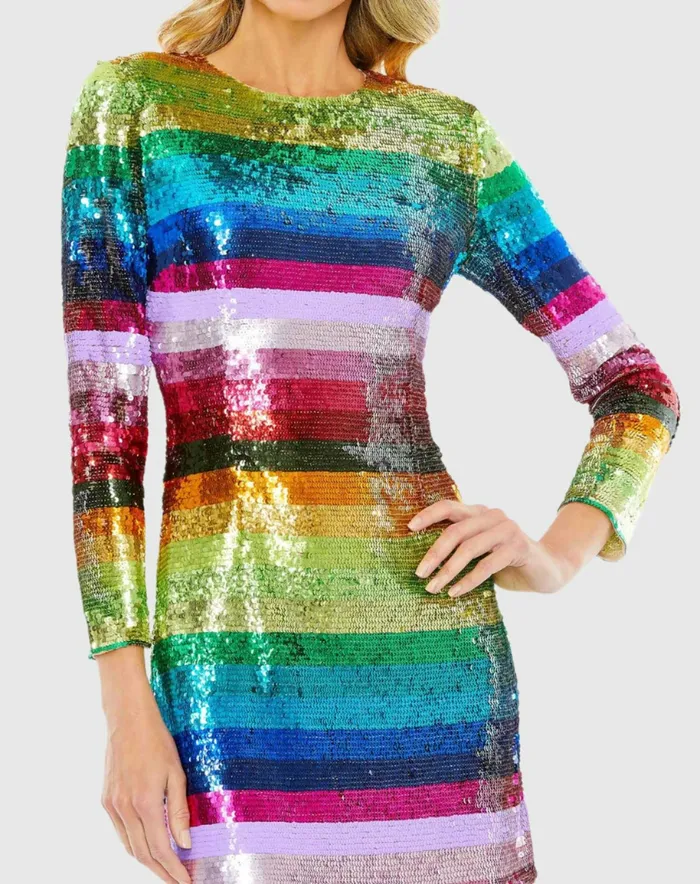 Cocktail Dresses Women Mac Duggal Long Sleeve Sequin Rainbow Dress Multi