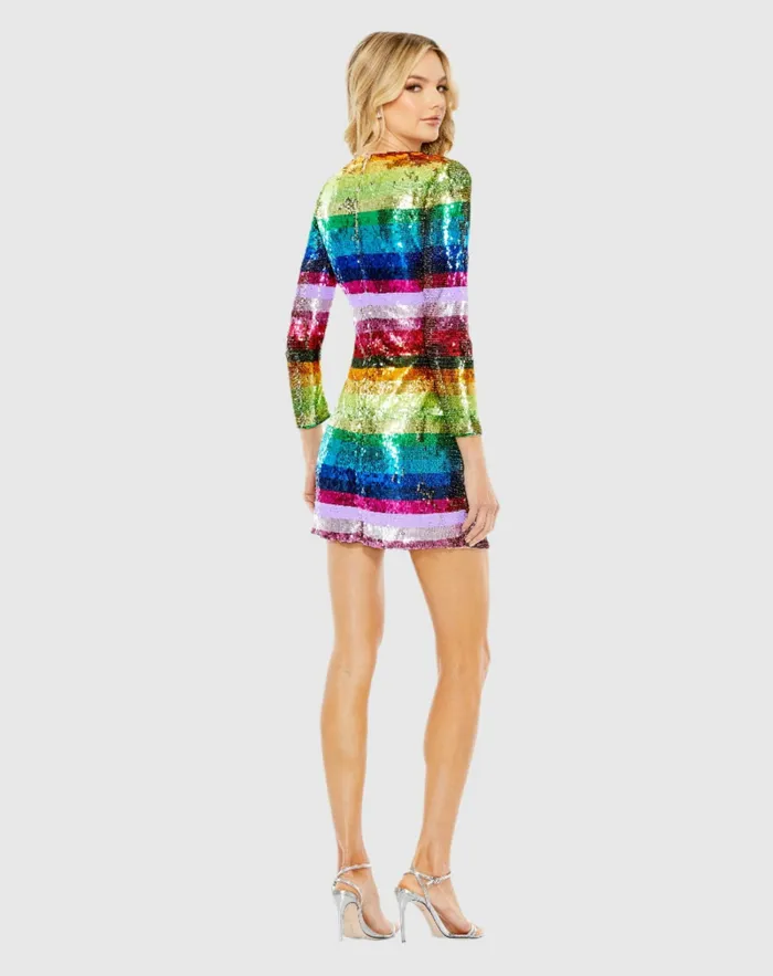 Cocktail Dresses Women Mac Duggal Long Sleeve Sequin Rainbow Dress Multi