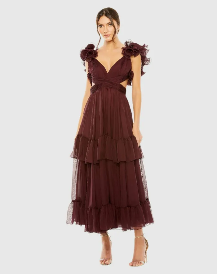 Cocktail Dresses Women Mac Duggal Ruffle Tiered CutOut Chiffon Dress Bordeaux