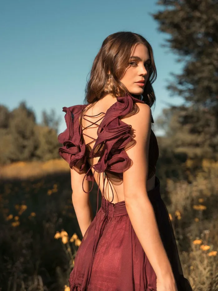 Cocktail Dresses Women Mac Duggal Ruffle Tiered CutOut Chiffon Dress Bordeaux