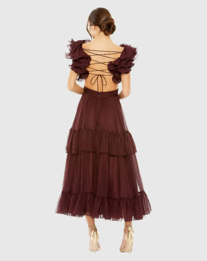 Cocktail Dresses Women Mac Duggal Ruffle Tiered CutOut Chiffon Dress Bordeaux