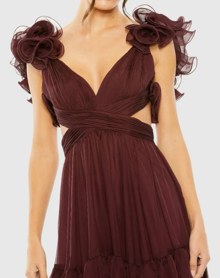 Cocktail Dresses Women Mac Duggal Ruffle Tiered CutOut Chiffon Dress Bordeaux