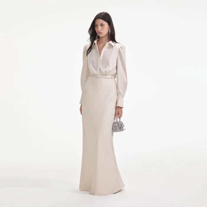 Cream Satin Embellished Bib Maxi Dress Women Self Portrait Dresses Cream Satin Embellished Bib Maxi Dress Women Self Portrait Dresses