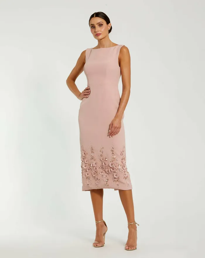 Crepe Sleeveless Midi Dress With Flower Beading Vintage Lilac Daytime Dresses Mac Duggal Women Crepe Sleeveless Midi Dress With Flower Beading Vintage Lilac Daytime Dresses Mac Duggal Women