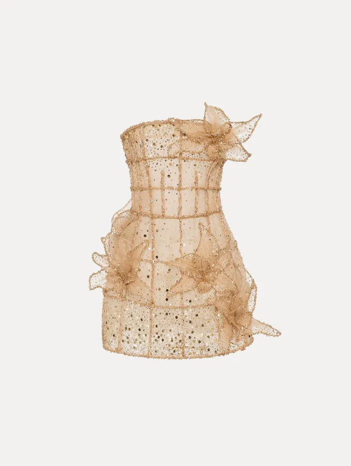 Crystal Grid Orchid Cocktail Dress Gold Women Oscar De La Renta Dresses