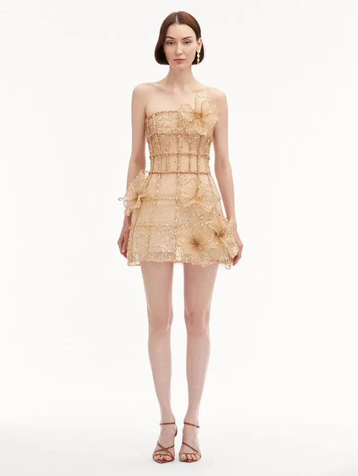 Crystal Grid Orchid Cocktail Dress Gold Women Oscar De La Renta Dresses Crystal Grid Orchid Cocktail Dress Gold Women Oscar De La Renta Dresses