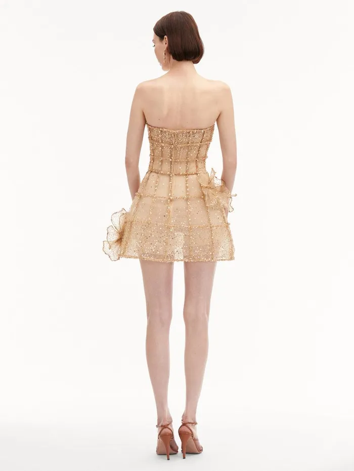 Crystal Grid Orchid Cocktail Dress Gold Women Oscar De La Renta Dresses Crystal Grid Orchid Cocktail Dress Gold Women Oscar De La Renta Dresses