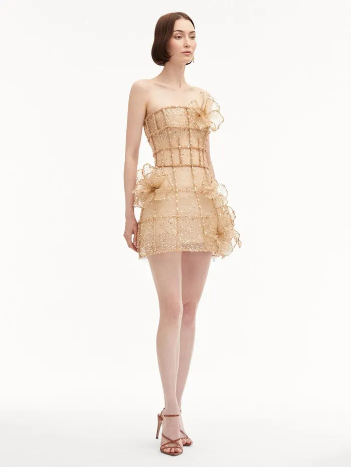 Crystal Grid Orchid Cocktail Dress Gold Women Oscar De La Renta Dresses Crystal Grid Orchid Cocktail Dress Gold Women Oscar De La Renta Dresses